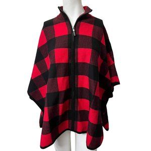 Nicole Miller Buffalo Plaid Full Zip Poncho Cape Red Black Oversized S M New